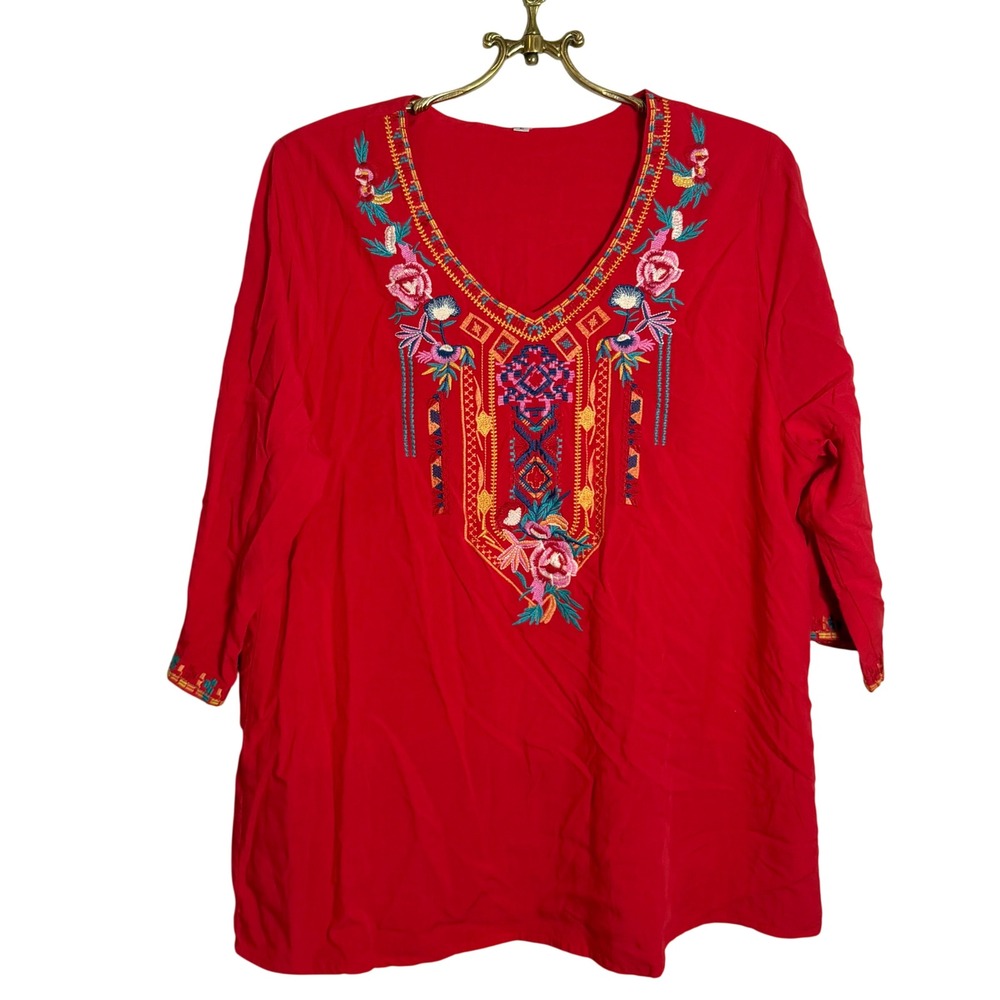 Womens Red Boho Embroidered V-Neck Tunic Top 3/4 Sleeve Rayon Blouse Large